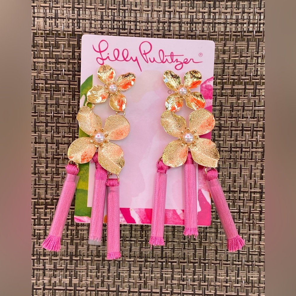 LILLY PULITZER Via Flora Roxie Pink Gold Orchid Tassel Earrings - Picture 4 of 8